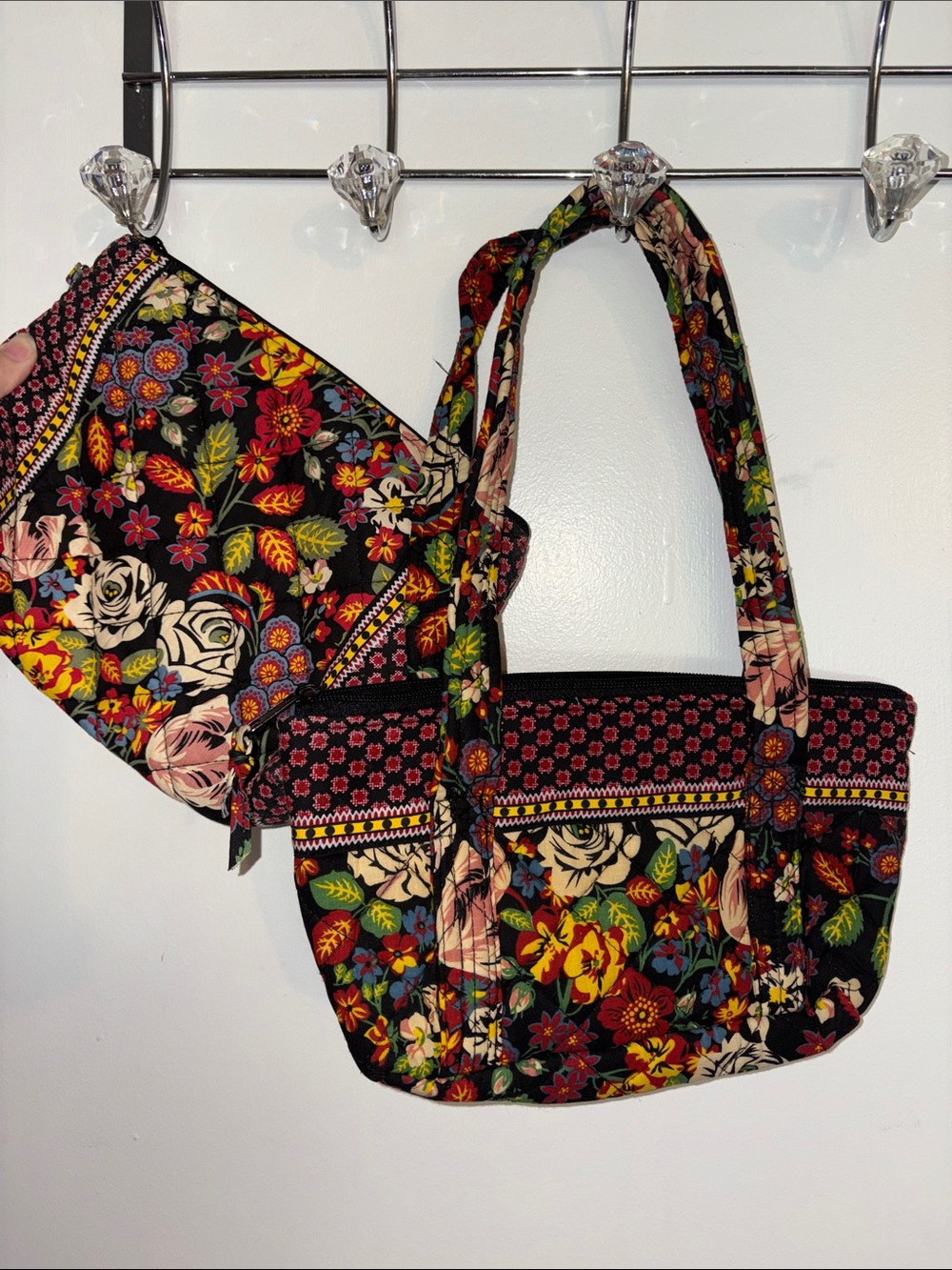 Mini Floral Quilted Tote Bag with Matching Pouch - Black Multi